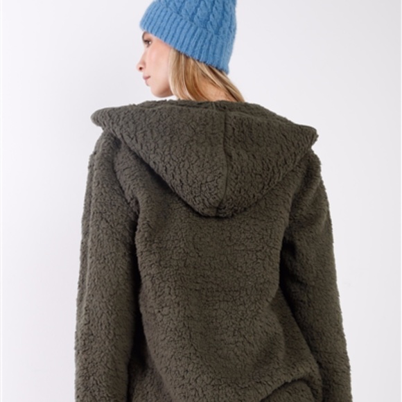 Cozy Olive Oversized Teddy Hoodie Cardigan Sherpa Jacket - Picture 5 of 13
